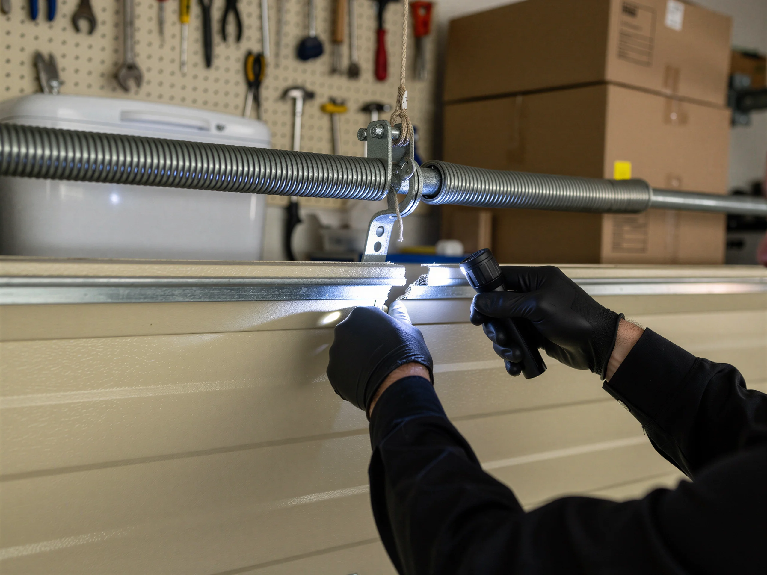 A technician in black gloves inspects a garage door with a flashlight.