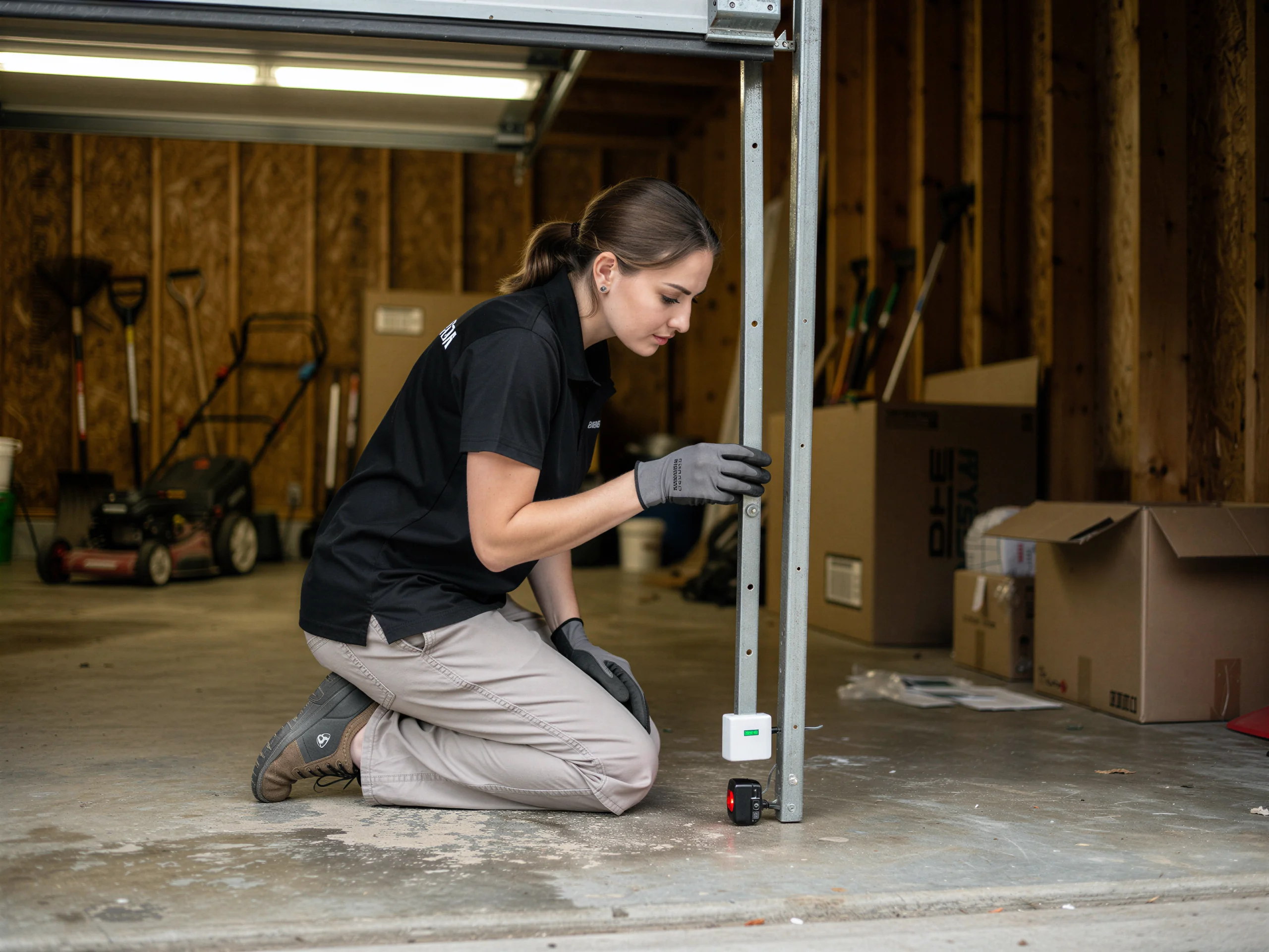 A technician kneels, adjusting the garage door safety sensors on the track.