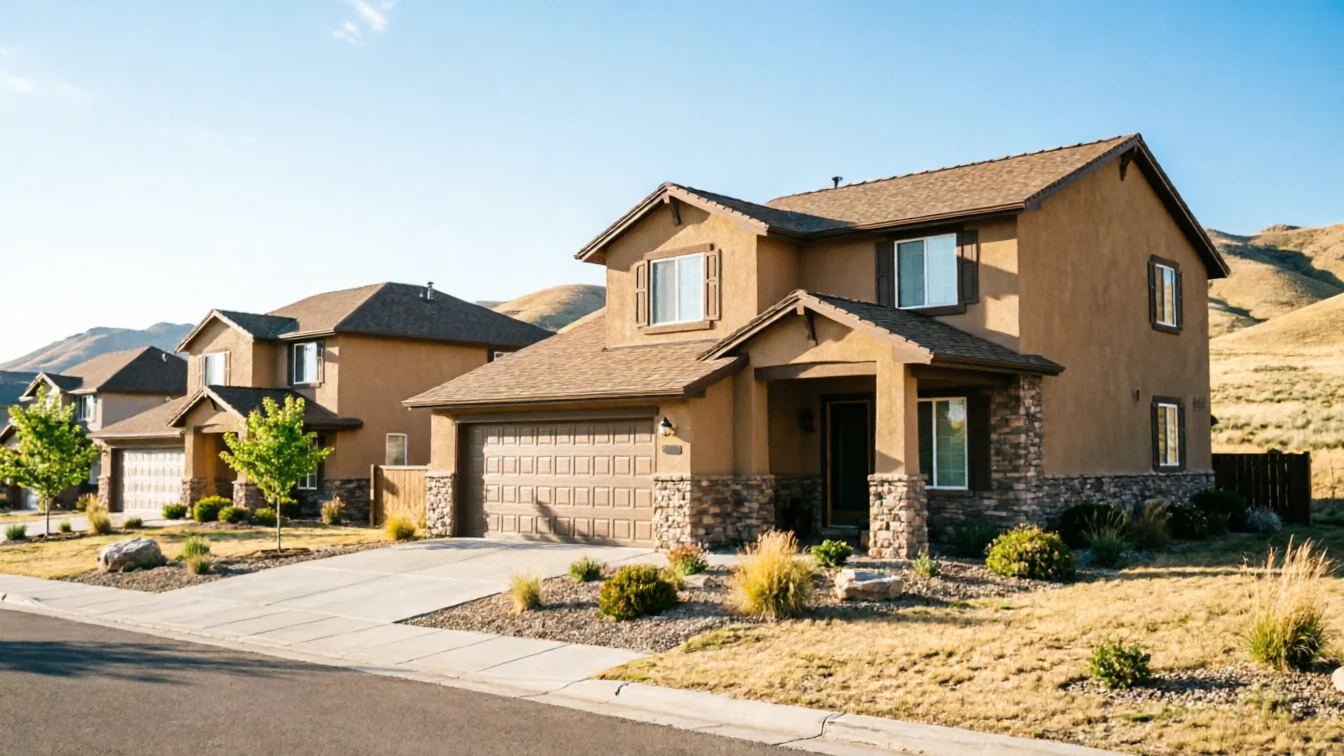 The house has a brown garage door with square panels and a stone facade.